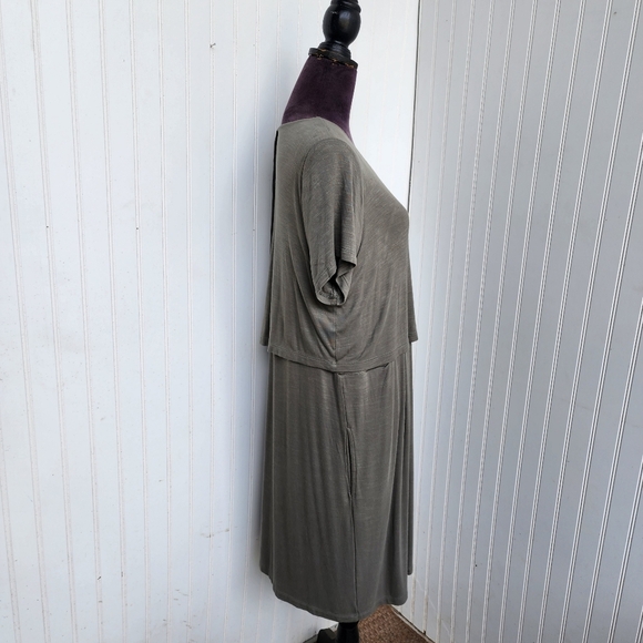 J. JILL Women Tiered Dress Back Buttons Side Pocketed Stretch Midi Olive Green L - Picture 4 of 12